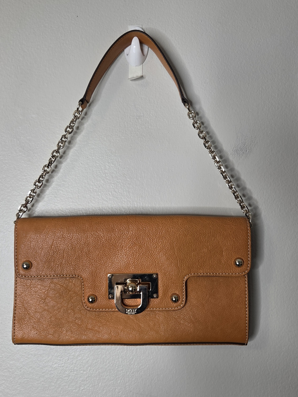 DKNY Cluth Shoulder Bag Golden Leather Gold Hardware Newspaper Print Liner